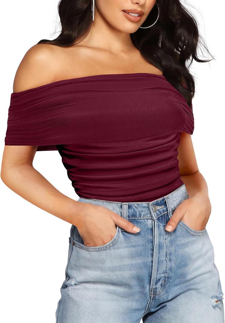 SAUNGKUAI Women's Short Sleeve Bodysuit Off the Shoulder Mesh Ruched One Piece Body Suits Summer Outfits (X-Large, Plum)