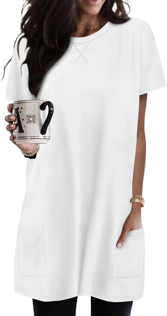 KISSMODA Womens Summer Tunic Tops for Leggings Casual Short Sleeve Long Shirts with Pockets (Small)