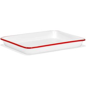 Red Co. 11" x 9" Enamelware Metal Classic 2 Quart Rectangular Serving Tray, Solid White/Red Rim