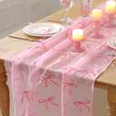 Tudomro Embroidery Pink Bow Tulle Table Runner 9.2 ft Coquette Pink Cheesecloth Table Runner 110 Inch Gauze Boho Dining Decor for Wedding Birthday Baby Shower Christmas Valentine's Home Decor