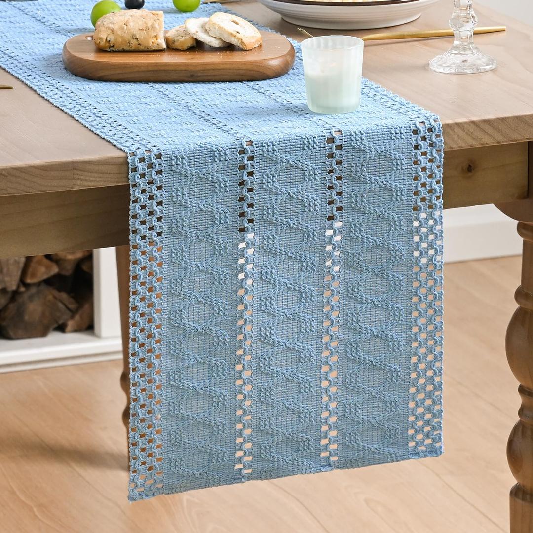 Artoid Mode Sky Blue Farmhouse Woven Rustic Hollow Table Runner, Seasonal Holiday Hollow Kitchen Dining Table Decoration for Home Party Decor 12x60 Inch