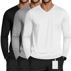 3 Pack Men's Long Sleeve Underscrub Nurse V Neck Scrub Undershirts Fitted Base Layer Tees for Medical Uniforms (Medium, White, Light Heather Gray, Black)