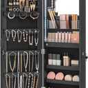 SONGMICS Jewelry Cabinet Armoire Organizer with LED Lights, Wall-Mounted Storage Cabinet with Full-Length Frameless Mirror, Built-in Makeup Mirror, 2 Drawers, Lockable, Black UJJC013B01, 42.5-Inch with Built-in Lighted Mirror