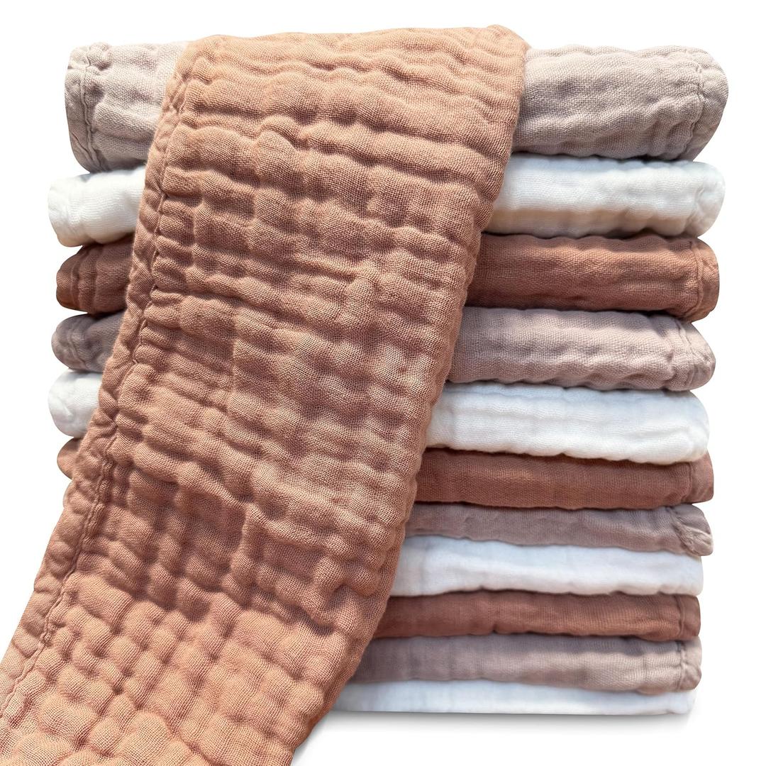 Muslin Burp Cloths for Baby 100% Cotton Burping Cloths for Unisex, Boy, Girl - Large 20'' by 10'' Newborn Essentials Ultra Soft Absorbent Milk Spit Up Rags - 12 Pack - White+Light Bean Paste Series