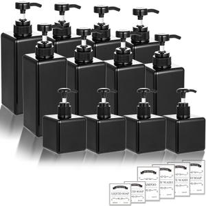 12 Pack Shampoo and Conditioner Dispenser Bottles, 8 Pack 22 Oz and 4 Pack 8 Oz Refillable Square Plastic Pump Bottles for Dispensing Lotions, Shampoo, Conditioner, Body Wash (Black)
