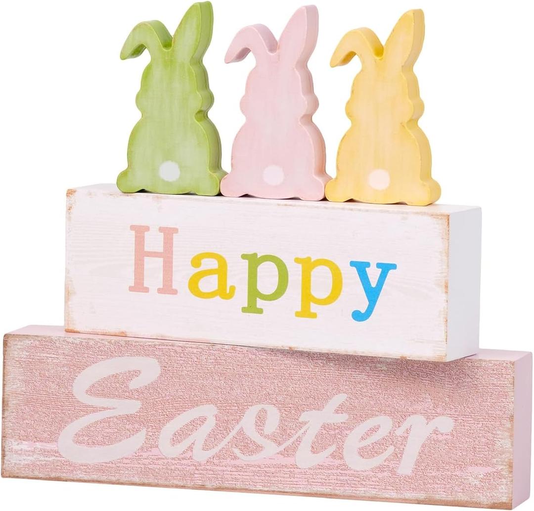 Wooden Easter Bunny Sign Decorations, 5 Piece Happy Easter Blocks for Tiered Tray, Table Centerpiece, Mantel Home Decor