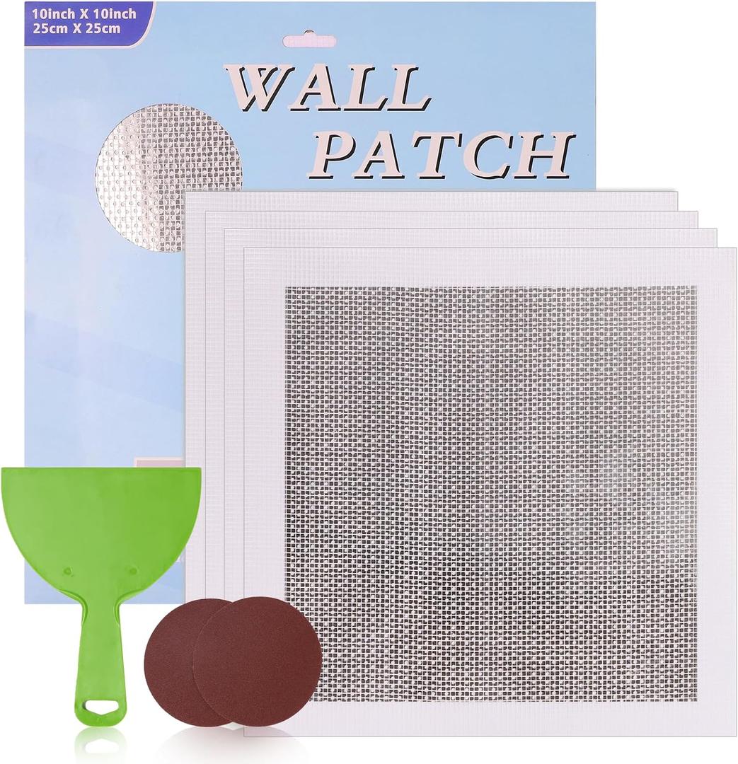 Wall Patch Repair Kit Upgraded Size, 4 Pcs 10 Inch Self Adhesive Pieces Aluminum Drywall Repair Kit, with Its Own Large Squeegee and Scraping, GMingZTong