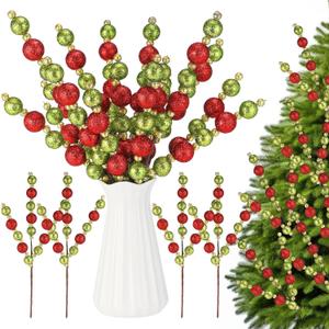 6 Pcs Christmas Tree Floral Pick and Spray 15.7 Inch Red Lime Green Gold Stems Glitter Foam Ball with Shapeable Branches Xmas Ornament for Vase Tree Topper Wreath Garland Holiday Party