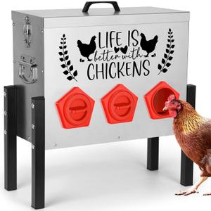 ‎Tgeyd 30 lb Large Capacity Automatic Chicken Feed Box with 6 Upgraded House-Shaped Flow Ports, Heavy-Duty Outdoor Metal Feeder with Adjustable Height & Locking Lid