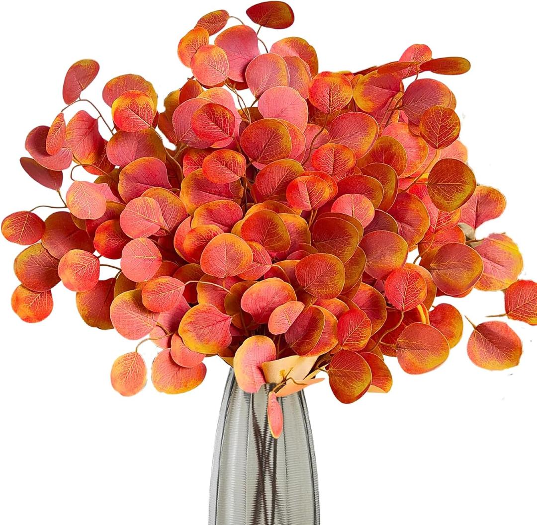 ASTRYAS 6Pcs Fall Artificial Eucalyptus Stems Fake Eucalyptus Leaves 21.6in Fall Leaves Shrubs Bushes for Home Tall Vase Wedding Arrangements Garden Farmhouse Table Centerpiece Fireplace Dcor Orange
