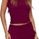 HESUUIO Women's Two Piece Skirt Set Summer High Waist Ruffle Y2K Mini Skirts Sleeveless Crop Tops Going Out Outfits (M, Purplish Red)