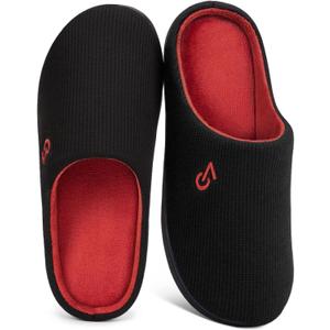 VeraCosy Men's Two-Tone Memory Foam House Slippers Indoor Outdoor Durable Rubber Sole (10.5, Black/Ruby)