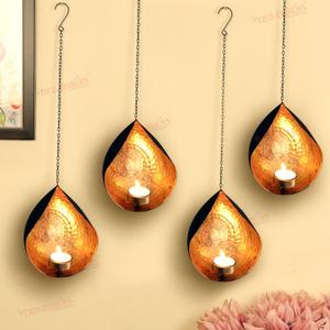 TIED RIBBONS Wall Hanging Tea Light Candle Holders | Iron, Golden | 18 Inch, Set of 4 | Votive Sconce Candle Holder for Home, Living Room, Wedding, Accents Decor, Indoor, Events, Diwali Decorations