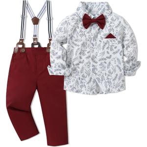 SOLOYEE Toddler Baby Boy Clothes Suit 12M-7Y Boys Wedding Formal Outfit, Dress Shirt+Bowtie+Suspender Pants Gentleman Outfits (3-4T, Red)