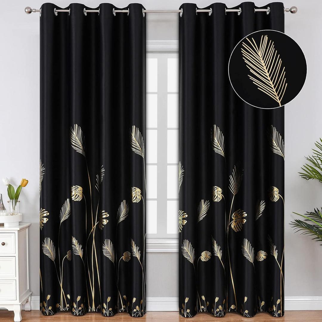 Estelar Textiler Black Blackout Curtains for Bedroom 84 Inches Long, Room Darkening Grommet Thermal Insulated Curtains for Living Room, Light Blocking Drapes with Gold Print Design,52Wx84L,2 Panels