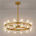 MeiYDeng 24 Inch Gold Crystal Wagon Wheel Chandelier, Modern Farmhouse Round 24-Lights Pendant Lighting Fixture, for High Ceilings Living Room, Bedroom, Foyer