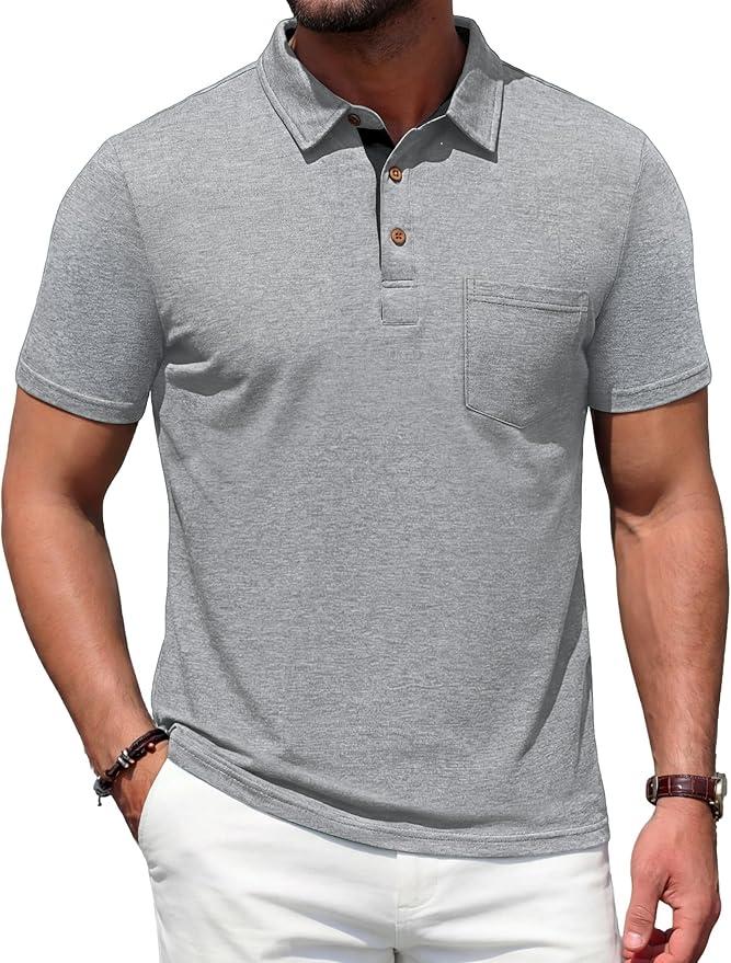 Men's Polo Shirts Short Sleeve Casual Summer Cotton Shirts for Men Performance Collared Golf Shirts with Pocket (Medium, Gray)