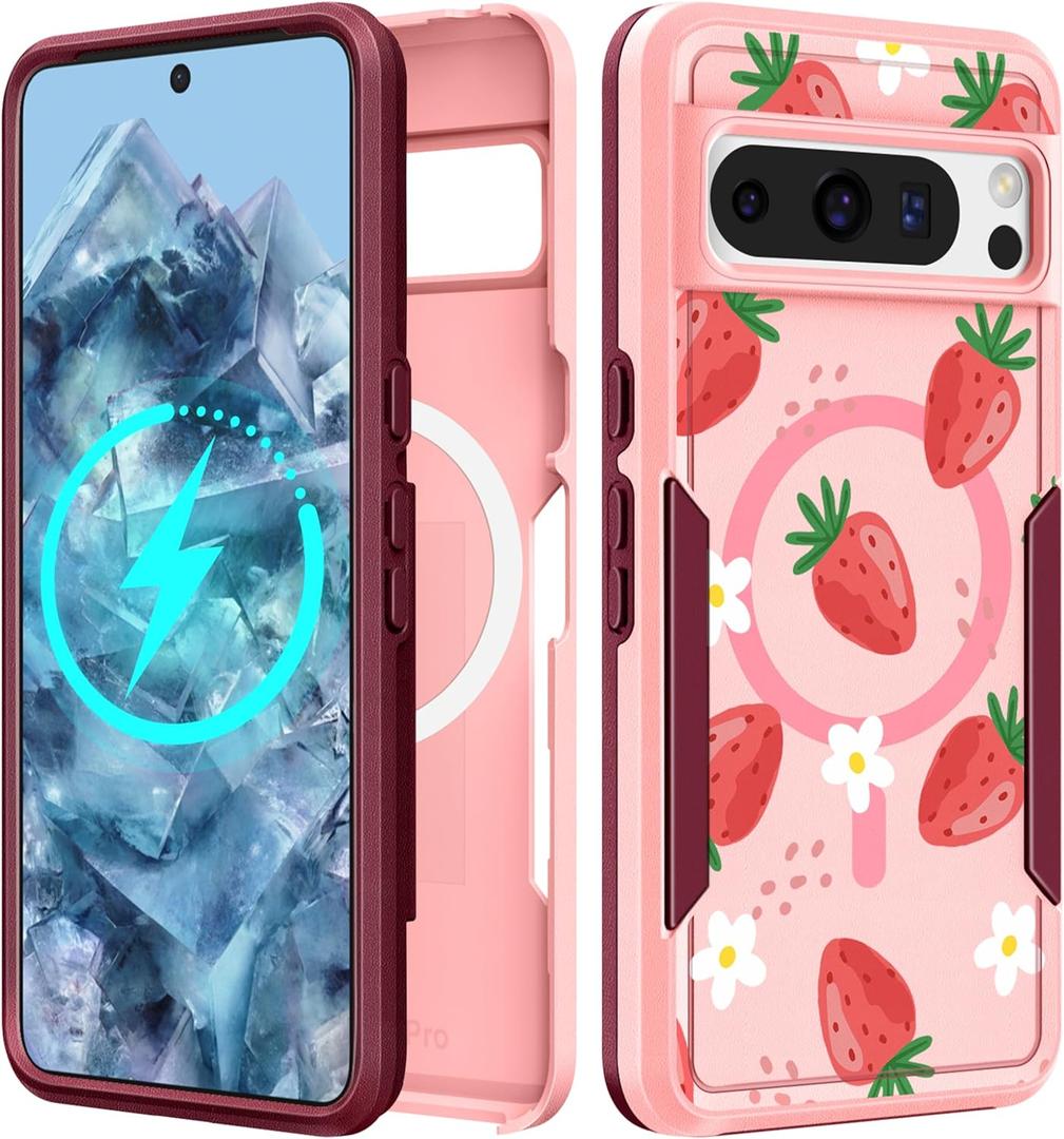 2 x for Google Pixel 8 Pro Case - Compatible with MagSafe Women Girls Cute Magnetic Protective Cover Girly Kawaii Strawberry Heavy Duty Shockproof Design for Google Pixel 8 Pro Phone Cases