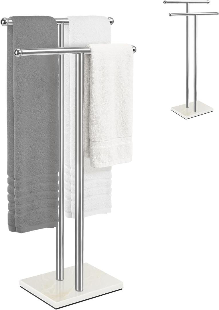 Standing Towel Rack 40" Height, 2-Tier Free Standing Towel Racks for Bathroom, Floor Towel Stand Holder with Heavy Marble Base, White