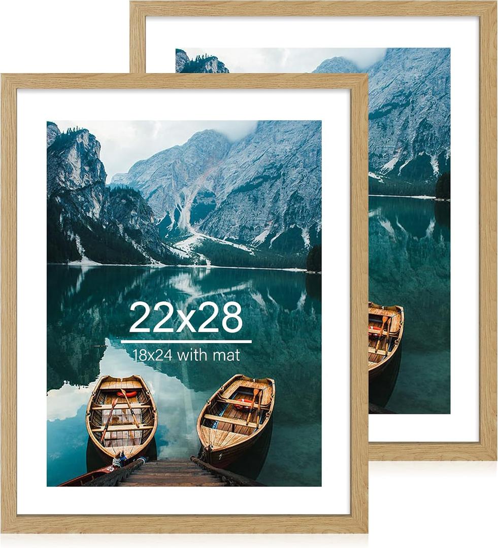 Hongkee 22x28 Frame Set of 2, Natural Oak Wood Style - Display 18x24 Picture Frame with Mat or 22 x 28 Poster Frame without Mat, Wall Mounting Horizontal and Vertical