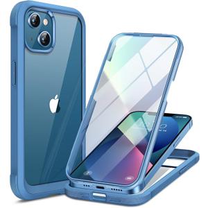 Miracase Compatible with iPhone 13 case 6.1 inch, 2023 Upgrade Full-Body Glass Clear Case Bumper Case with Built-in 9H Tempered Glass Screen Protector for iPhone 13 (Capri Blu)