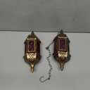 2 Pcs Hanging Hexagon Decorative Moroccan Candle Lantern Holders, Handmade Hanging Tea Light Holder in Bronze Metal & Red & Purple Glass Gift & Decor Items (Brown)