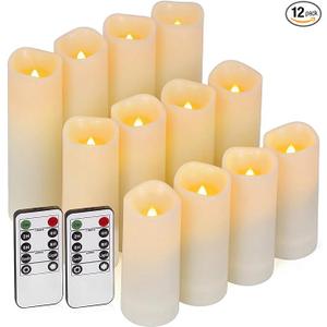 Enido Flameless Candles Led Candles Pack of 12 Battery Candles (D2.15'' x H4''5''6'') Waterproof Outdoor Indoor Candles with 10-Key Remotes and Cycling 24 Hours Timer (Plastic)