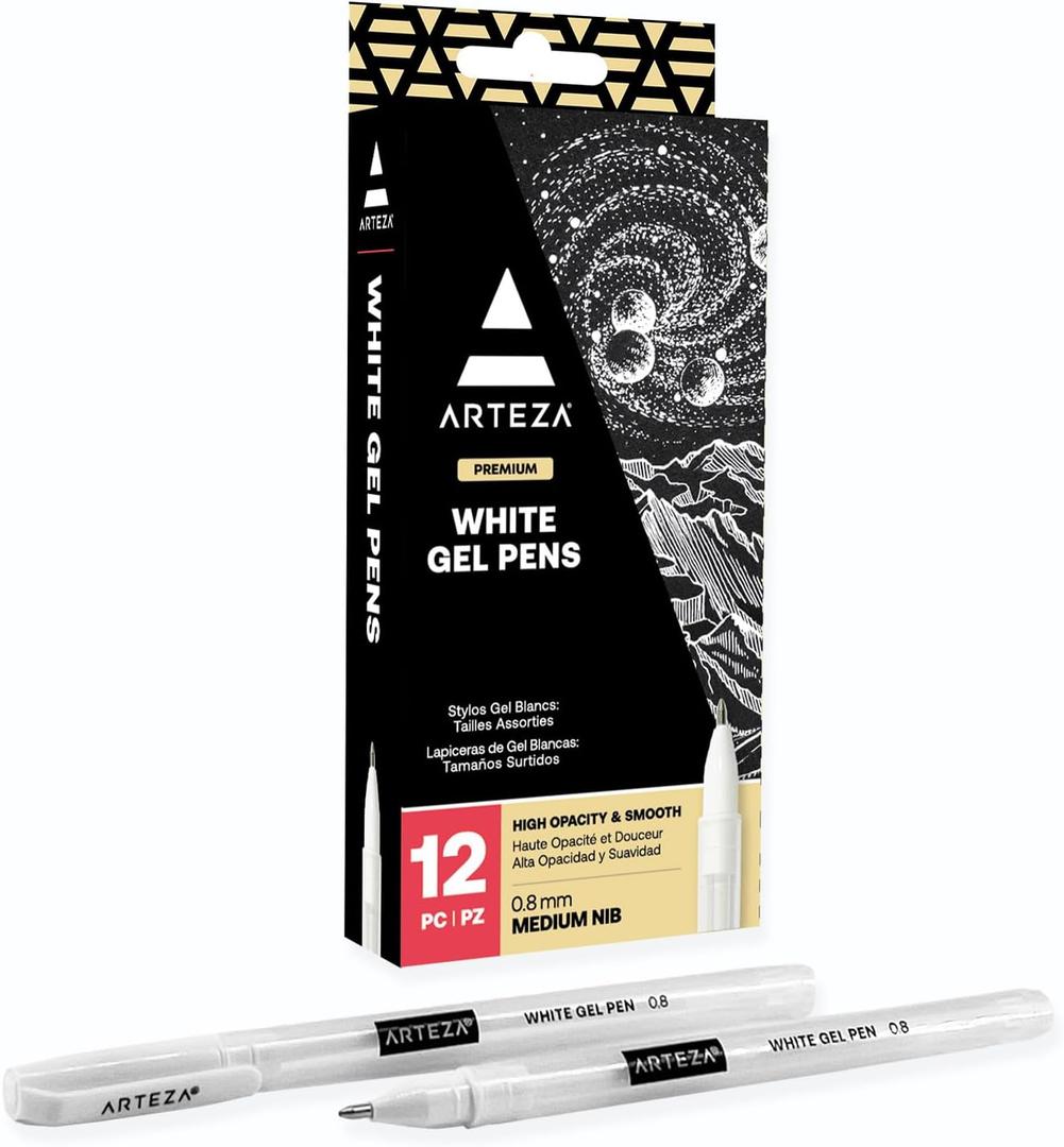 ARTEZA White Gel Pens Set, Pack of 12, White Rollerball Pens for Drawing and Writing, White Gel Pens for Artists