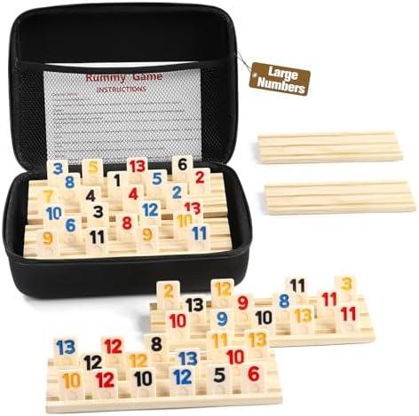 Rummy Cube 6 Player Edition with 6 Wooden Racks/Trays, 160 Large Numbers Rummy Tiles Set with Zippered Case, Rummy Travel Game Set with 6 Tiles Holders - Classic Board Games for Family Adults Kids