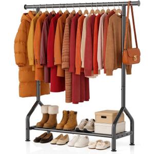 Sturdy Clothing Rack with Shelf, Metal Garment Rack with Leveling Feet for Hanging Clothes, Freestanding Clothes Rack for Bedroom, Apartment & Small Spaces, Black