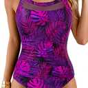 Tempt Me Women One Piece Mesh Swimsuits Tummy Control Swimwear (Small, Purple Leaf)