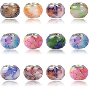 AIPRIDY 100Pcs 15x11mm Painting Murano Large Hole Glass Beads Mix Color with Silver Brass Cores European Charm fit Bracelet Necklace (Watercolor Effect OPEC White Glass)