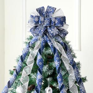 JOIEDOMI 45 Inch Christmas Tree Topper Wreath Bow, Blue and Silver Ribbon Ornaments with Snowflakes and Glitter, Large Gift Decor for Xmas Holiday Themed Decoration Home Parties Wedding