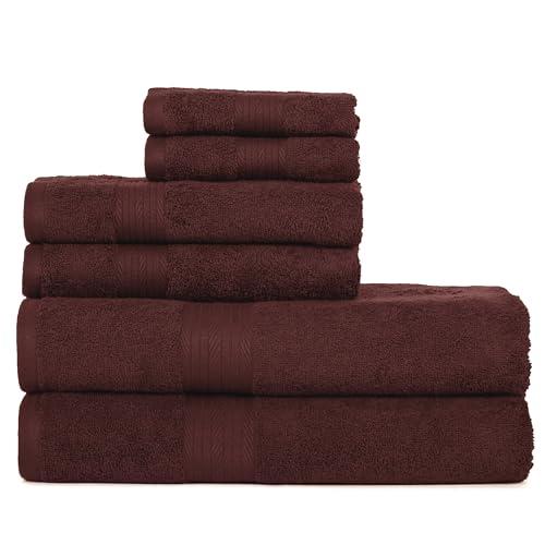 Ample Decor 100% Cotton Bathroom Towels Set of 6-2 Bath Towels, 2 Hand Towels, 2 Wash Cloths, Quick Drying - Brown Towel Sets