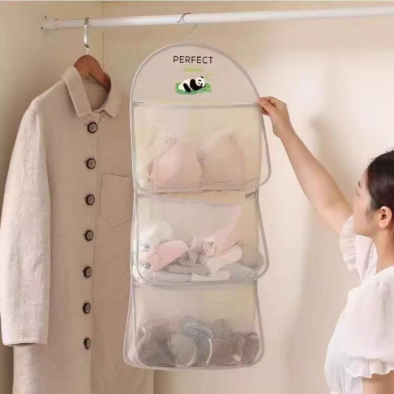 Multi Purpose Multi Layer Mesh Storage Hanging Bag,Hanging Storage with Metal Hanger Mesh Pockets for Bra Underwear Socks,Pockets Hang Store Bag for Door Wall Closet