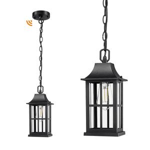 Emliviar Dusk to Dawn 2-Light Large Porch Light Outside Chandelier for Yard, 15.4" Black Hanging Lantern Light Fixture with E12 Base, Clear Glass, YXE306H-M-PC BK