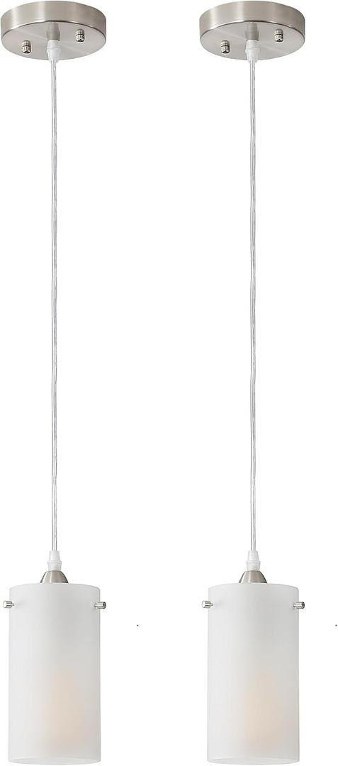 1-Light Mini Pendant Light Fixtures, Modern Chandelier Hanging Ceiling Light with White Frosted Shade, Brushed Nickel Pendant Lighting Adjustable Height, 2 Pack