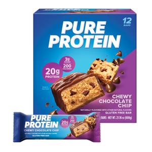 Pure Protein Chewy Chocolate Chip Protein Bars 20g Protein, 3g Sugar, 190 Calories (12 count) Low Sugar* High Protein Snack - Gluten Free - Perfect for a Healthy Snack (EXP 04/21/27)