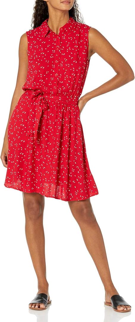 Amazon Essentials womens Sleeveless Relaxed-Fit Woven Shirt Dress (XX-Large, Red Leafy Floral)