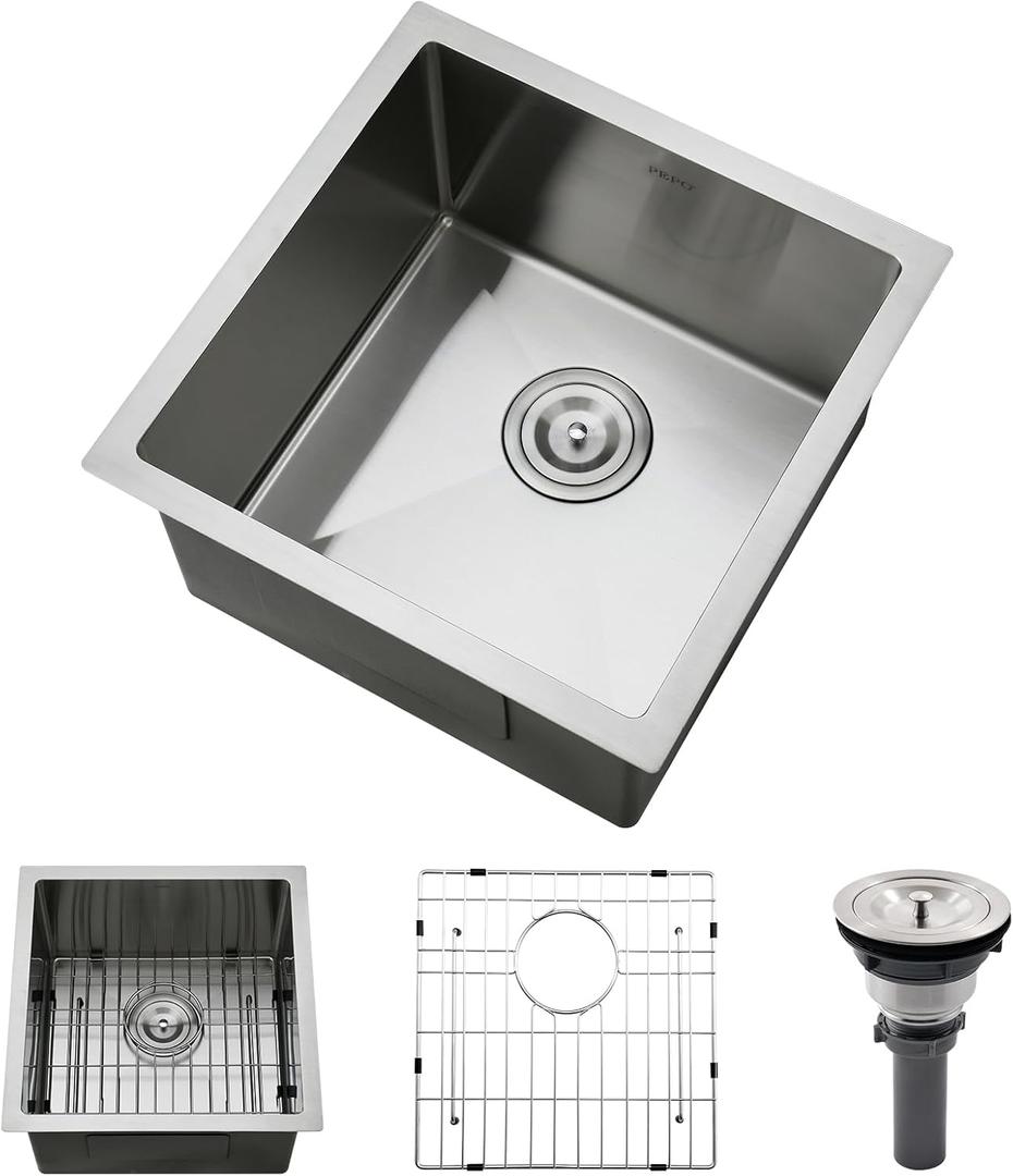 PEPO 17x17 Inch Undermount Bar Sink, 16 Gauge Stainless Steel Small Kitchen Sink，Handmade Single Bowl With Strainer And Rinse Grid, For Wet Bar RV Prep Outdoor Kitchen (Brushed), 17x17x10inch