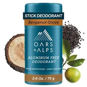Oars + Alps Aluminum Free Deodorant for Men | Long Lasting Odor Protection, Clear & Free of White Residue, Anti-Chafing Smooth Glide, Dermatologist Tested, Bergamot Grove, 1pk, 2.6oz