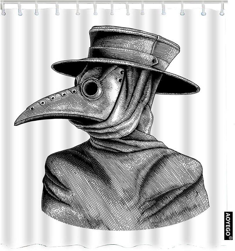 AOYEGO Plague Doctor Shower Curtain with Hooks Vintage Engraving Style Isolate Portrait Sketch Fabric Shower Curtain Decorative 60x72 Inch Polyester for Bathrooms Bathtubs Farmhouse