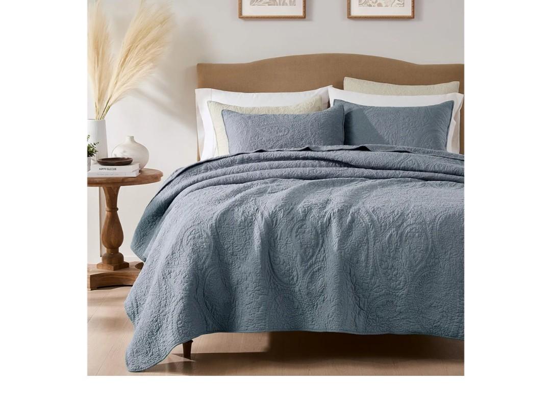 palassio Dusty Blue Paisley 100% Cotton Quilt Twin Size Bedding Sets with 1 Pillow Sham, Boho Floral Lightweight Farmhouse Country Vintage Soft Bedspread Shabby Chic Coverlet for All Season, 2 Pieces