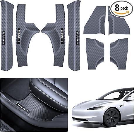 4 Pcs Door Sill Protector for Tesla Model Y 2019-2024 5 Seater - Carbon Fiber Scuff Plate Guards with Installation Kit Front & Rear Pedal Kick Protection, Edge Guards - Not 7-Seater Compatible