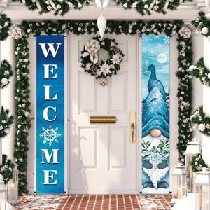 2 Pcs Christmas Porch Banners Winter Gnome Porch Sign Christmas Hanging Welcome Banner Flag Snowflake Xmas Welcome Banners for Home Door Decor Outdoor Indoor Holiday Party Supplies 71 x 12 Inch