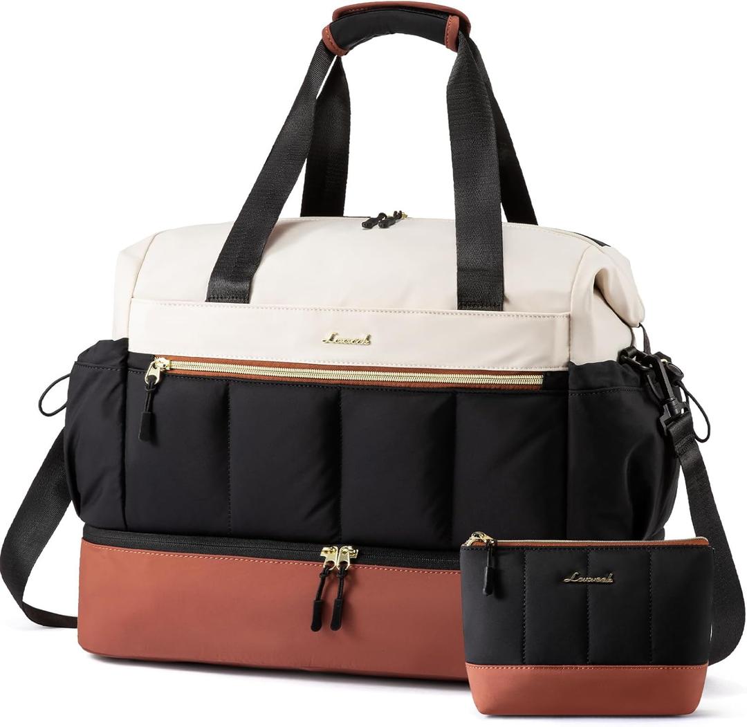 LOVEVOOK Travel Duffel Bag, Weekender Bags for Women, Large Overnight Bags with Shoe Compartment, 38L Carry on Gym Hospital Bag with Wet Pocket, 2 Pcs (Beige-Black-Brown)
