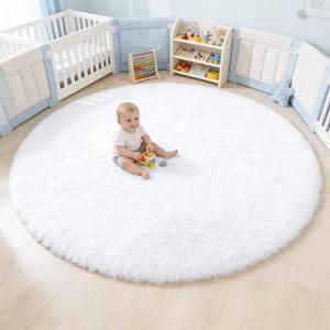 OLANLY White Round Rugs for Bedroom - Machine Washable, 5 ft Circle Area Rugs for Living Room, Soft and Fluffy Shaggy Carpet for Teen Girls and Boys, Nursery Rooms, Dorms, Home Decor Aesthetic