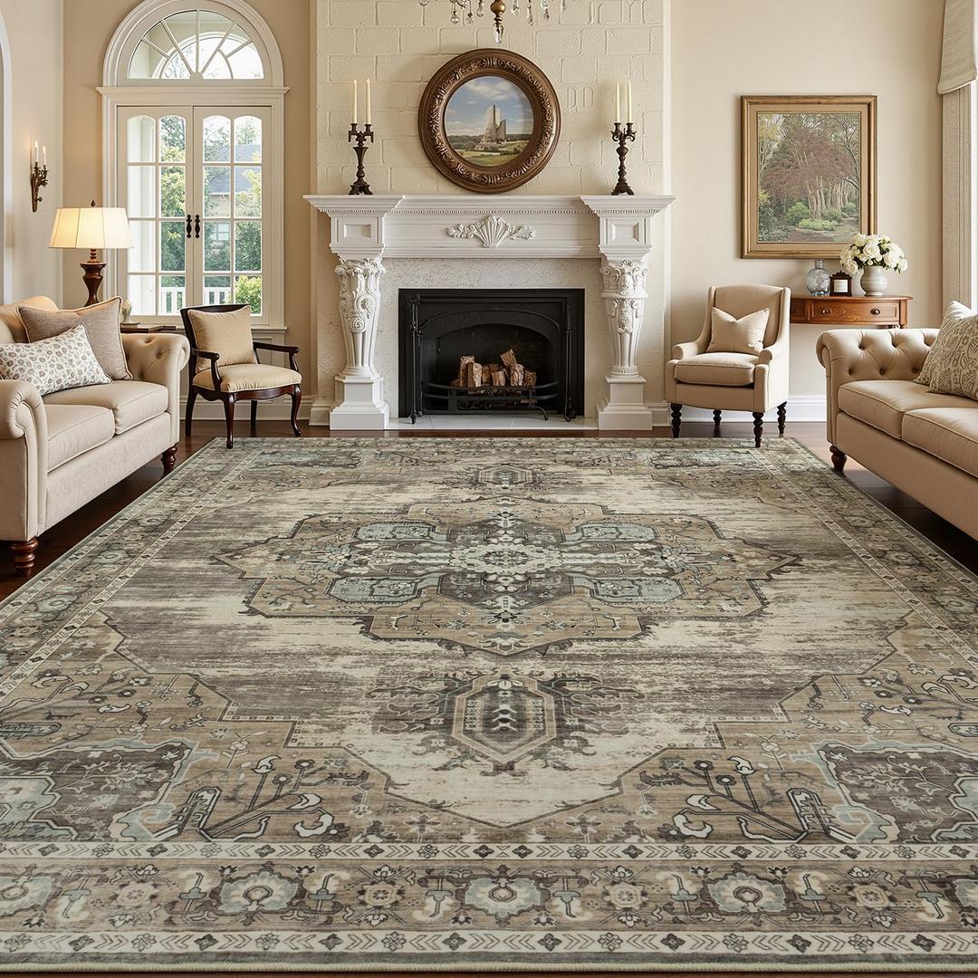 Washable Rug for Living Room Bedroom, 9x12 Area Rugs for Dining Room Home Office, Non Slip Low Pile Rug Indoor, Vintage Boho Floral Medallion Carpet, Retro Brown