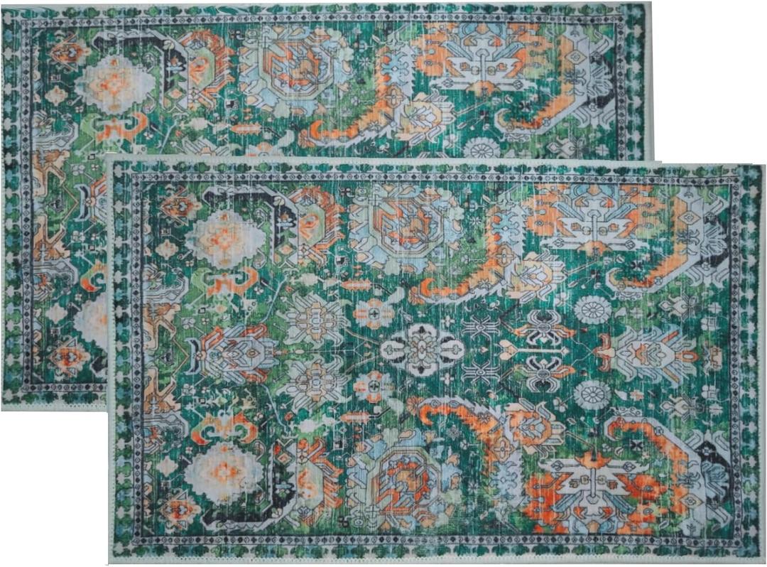 2 Pcs Area Rugs 18" x 30" Washable Non Slip Retro Floor Mat Area Rug Absorbent Entrance Rug Distressed Front Door Mat,Welcome Mats Entryway Rug Doormats for Kitchen (Green)