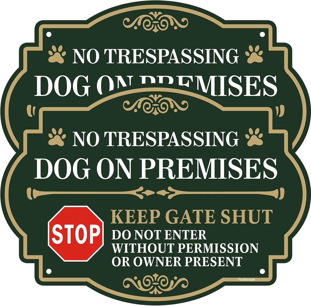 No Trespassing Dog On Premises Keep Gate Shut Sign - 2 Pack, 10 x 7 Rust Free Aluminum Keep Gate Closed Sign, Weatherproof, Fade Resistant, Easy Mounting.